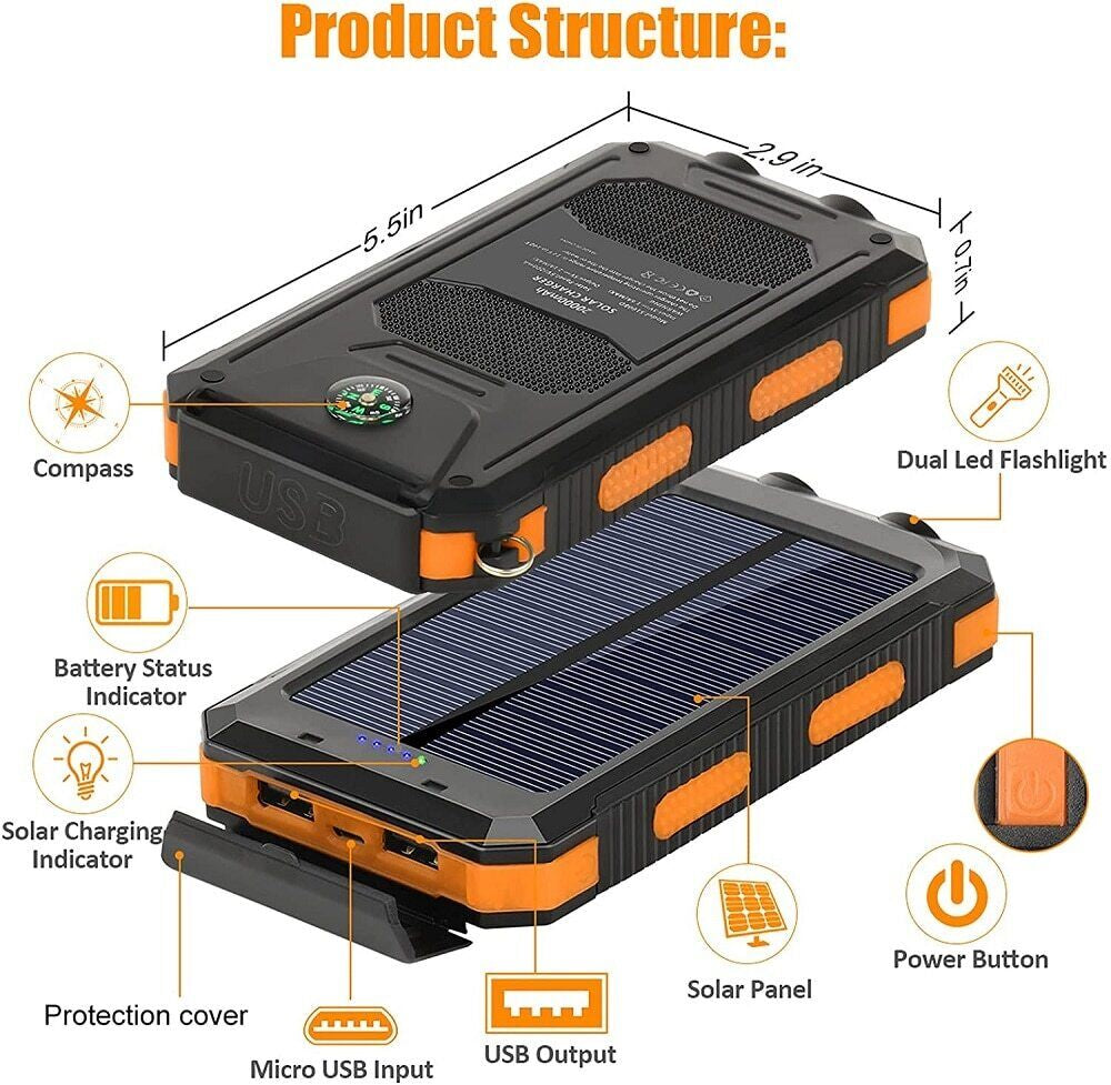 10,000 Mah Portable External Solar Power Bank for Phone Tablet Dual USB Port