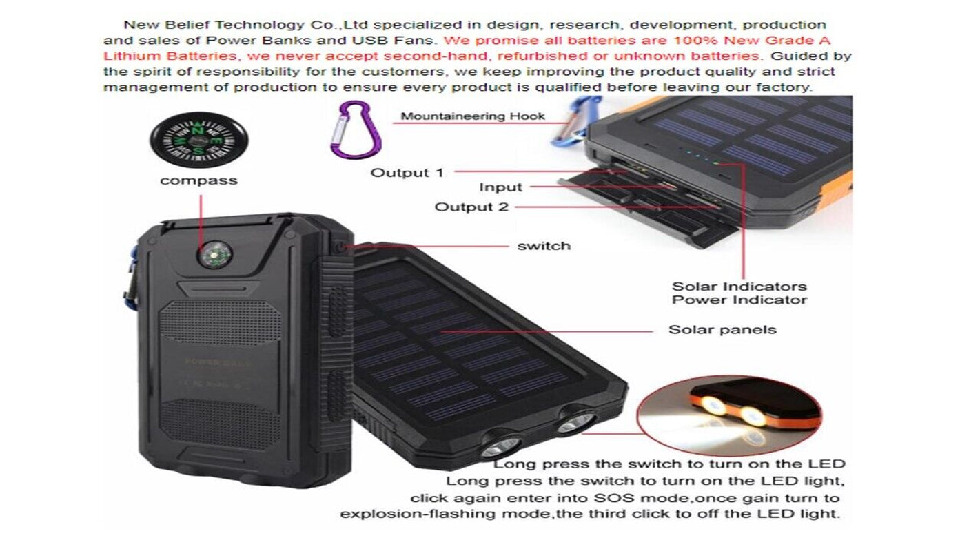 10,000 Mah Portable External Solar Power Bank for Phone Tablet Dual USB Port